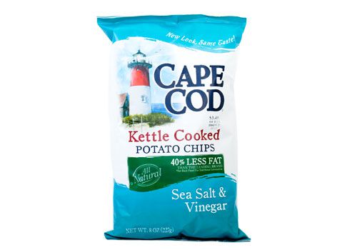 A bag of Cape Cod brand reduced fat Sea Salt and Vinegar potato chips. 