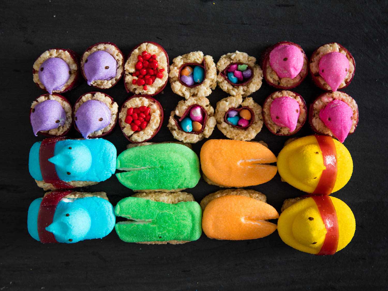 An assortment of marshmallow peeps and peep treats. 