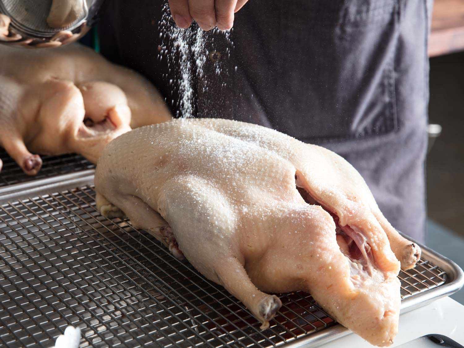 Sprinkling a raw duck on a baking rack with salt