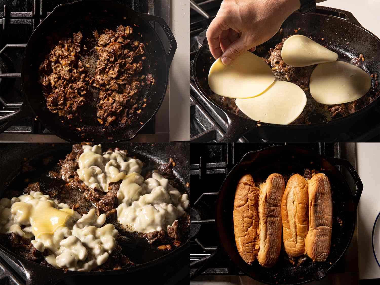 Four image collage of seperating beef into two sections, shingling with provolone, melted cheese and rolls placed on top