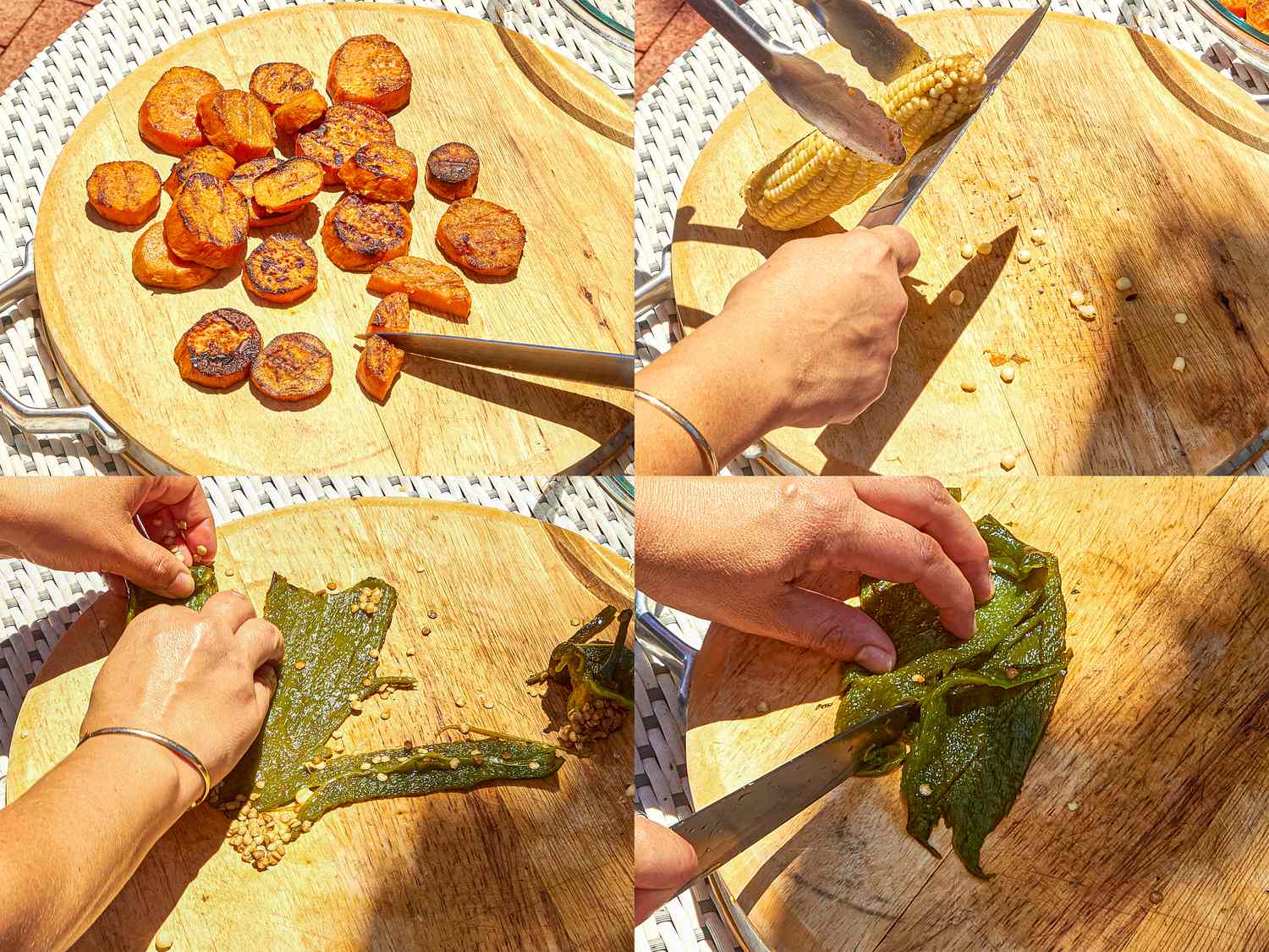 Steps for preparing a sweet potato and corn salad featuring grilled sweet potatoes shucked corn and peeled peppers