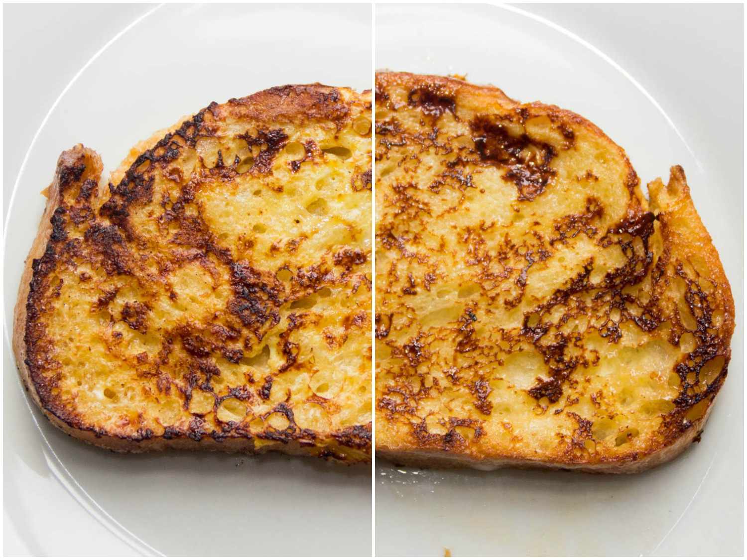 Comparing two slices of french toast, one with a sugar crust and one without.