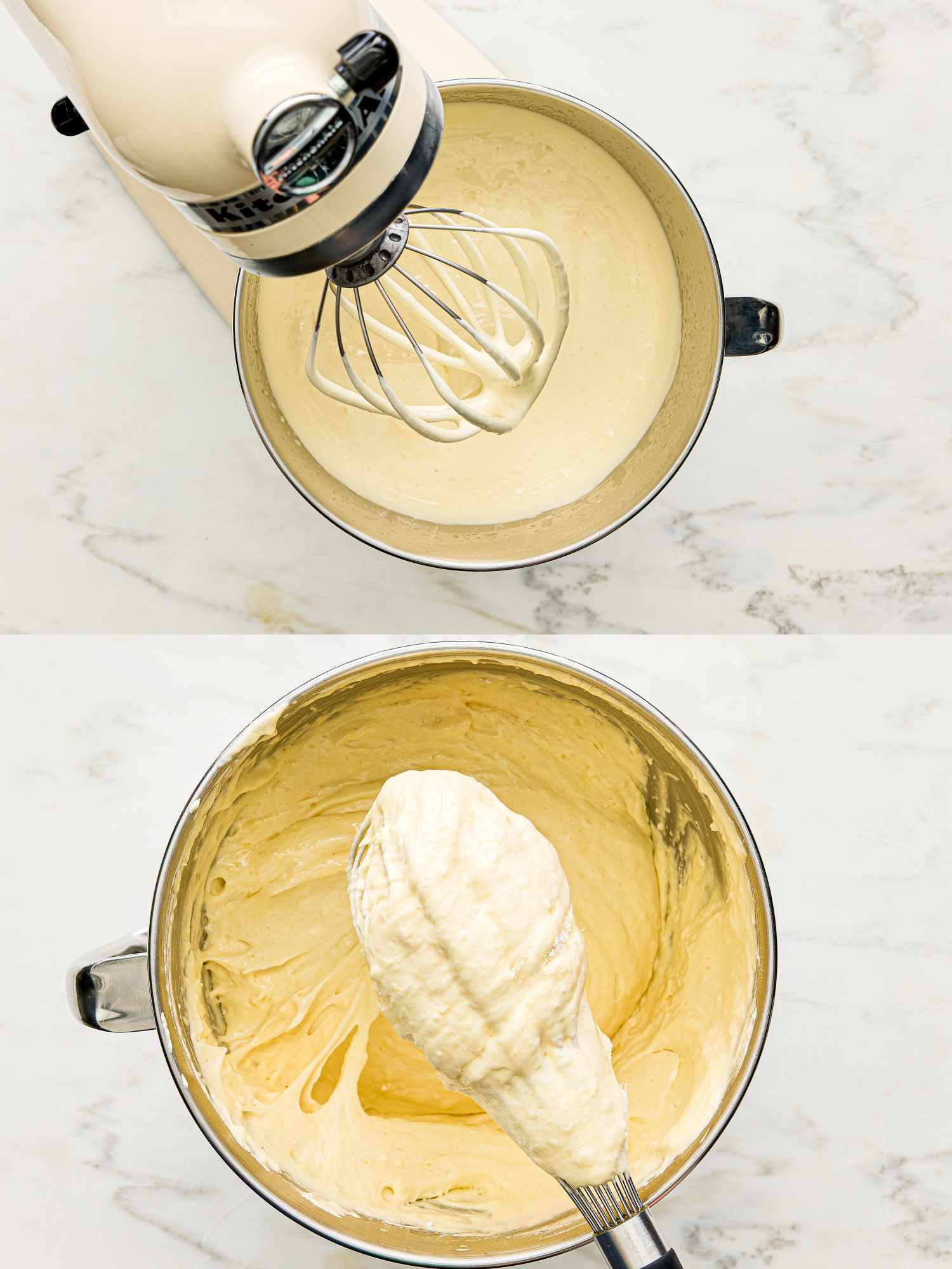 Mixer bowls with batter at different stages of consistency for baking