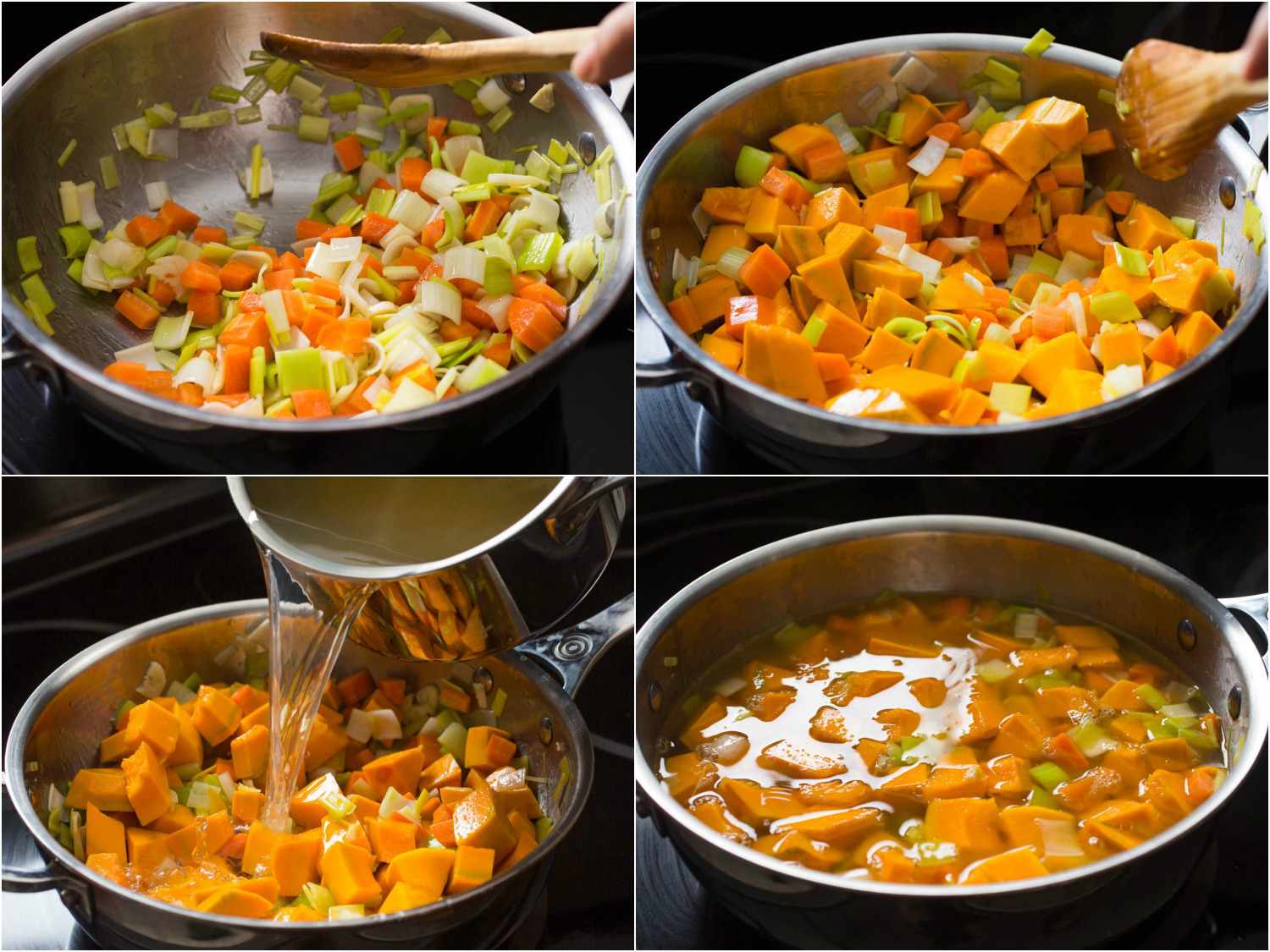 Collage of leek, carrot, garlic, and ginger being cooked and diced squash being stirred in, followed by the strained dashi.