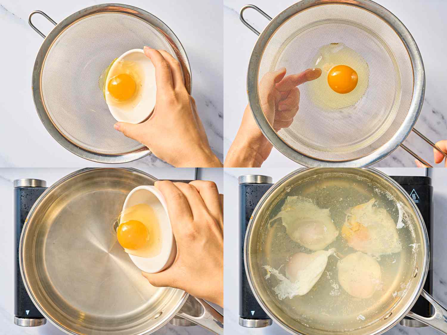 4 image collage. Top Left: egg pouring from small bowl into a fine mesh strainer. Top Right: Rubbing off egg whites through mesh strainer with fingers Bottom Left: pouring egg from small bowl into hot water. Bottom Right: 4 eggs fully set submerged in water 