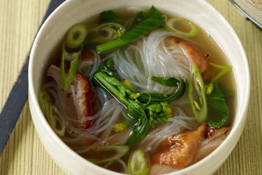 A bowl of Cantonese roast duck soup with noodles 