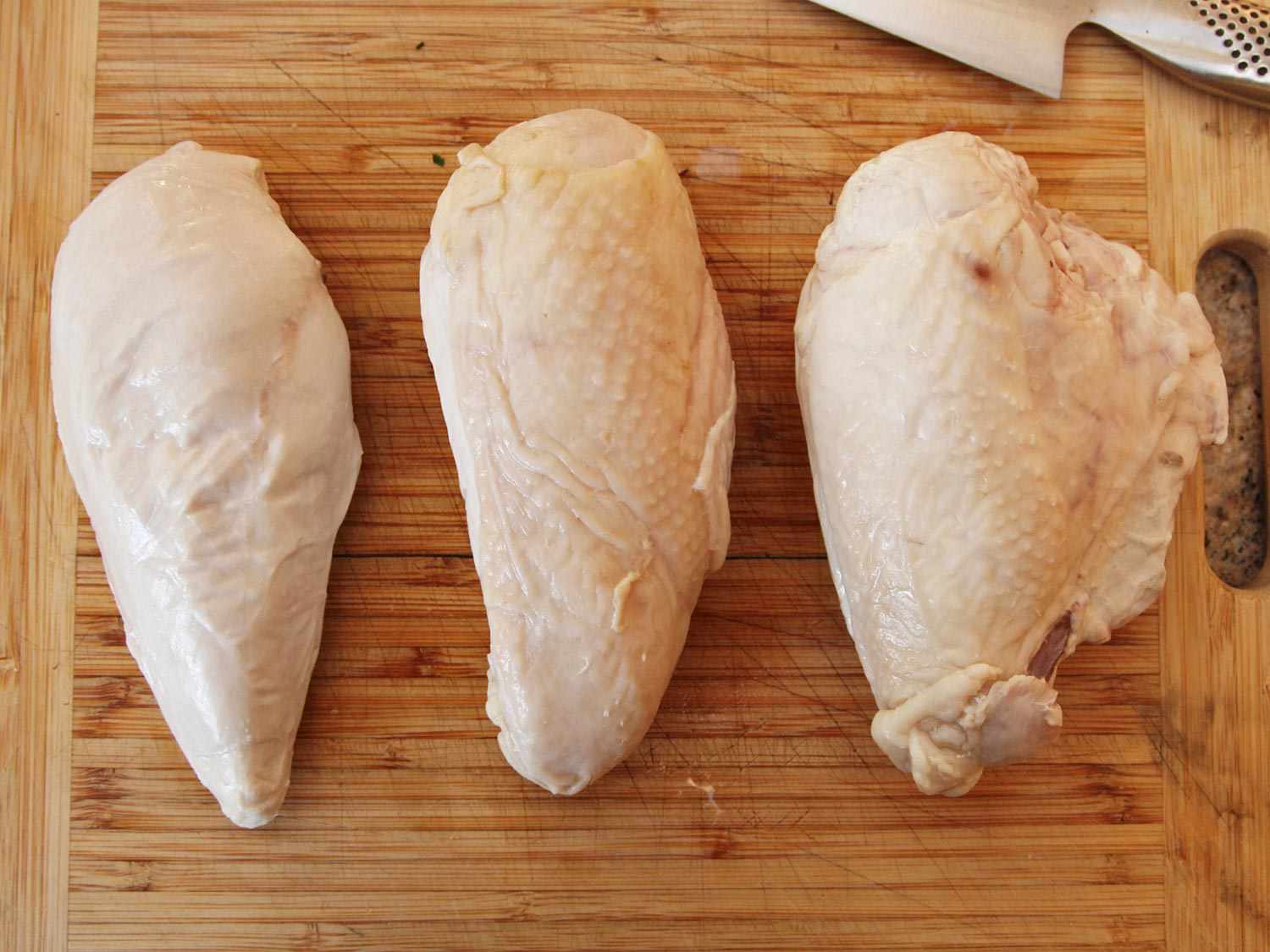 Three chicken breasts: one skin-off, one skin-on, one skin-on and bone-in.