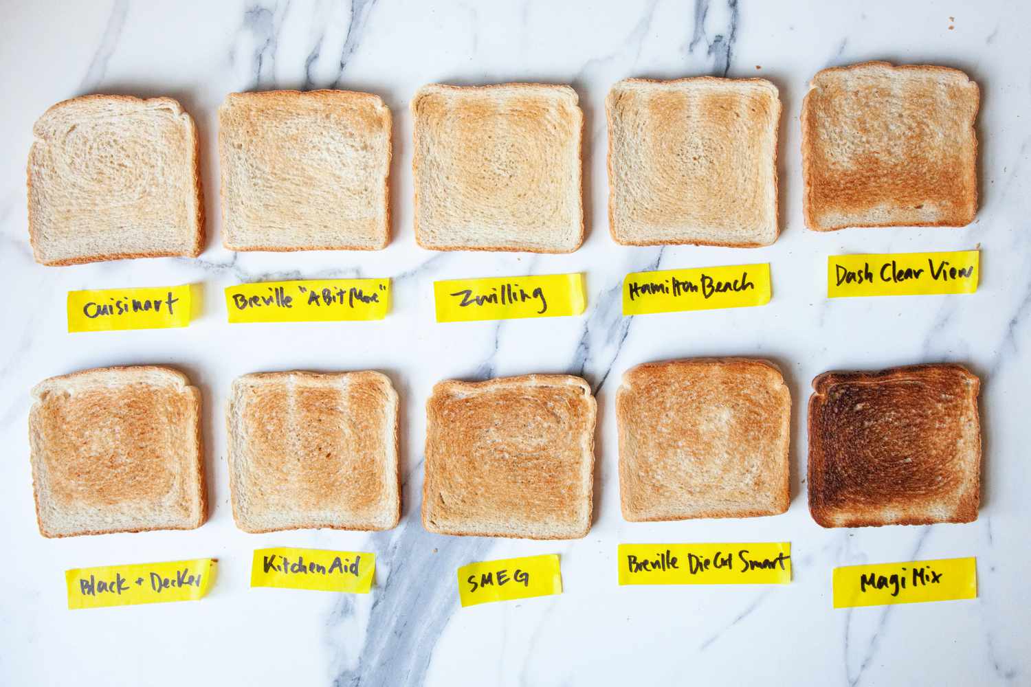 Ten slices of white bread, toasted on the medium level.