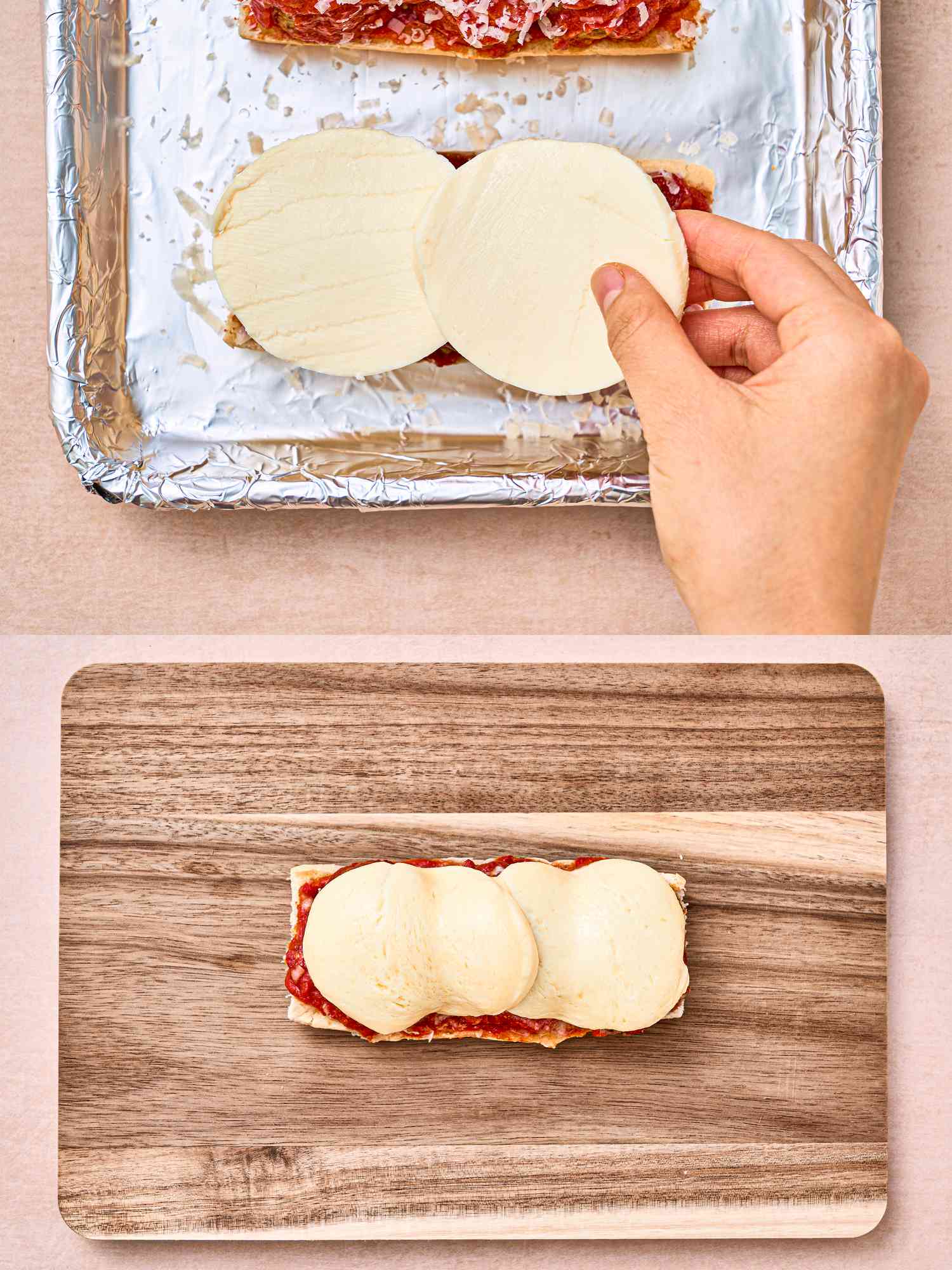 Two image collage of adding mozzeralla