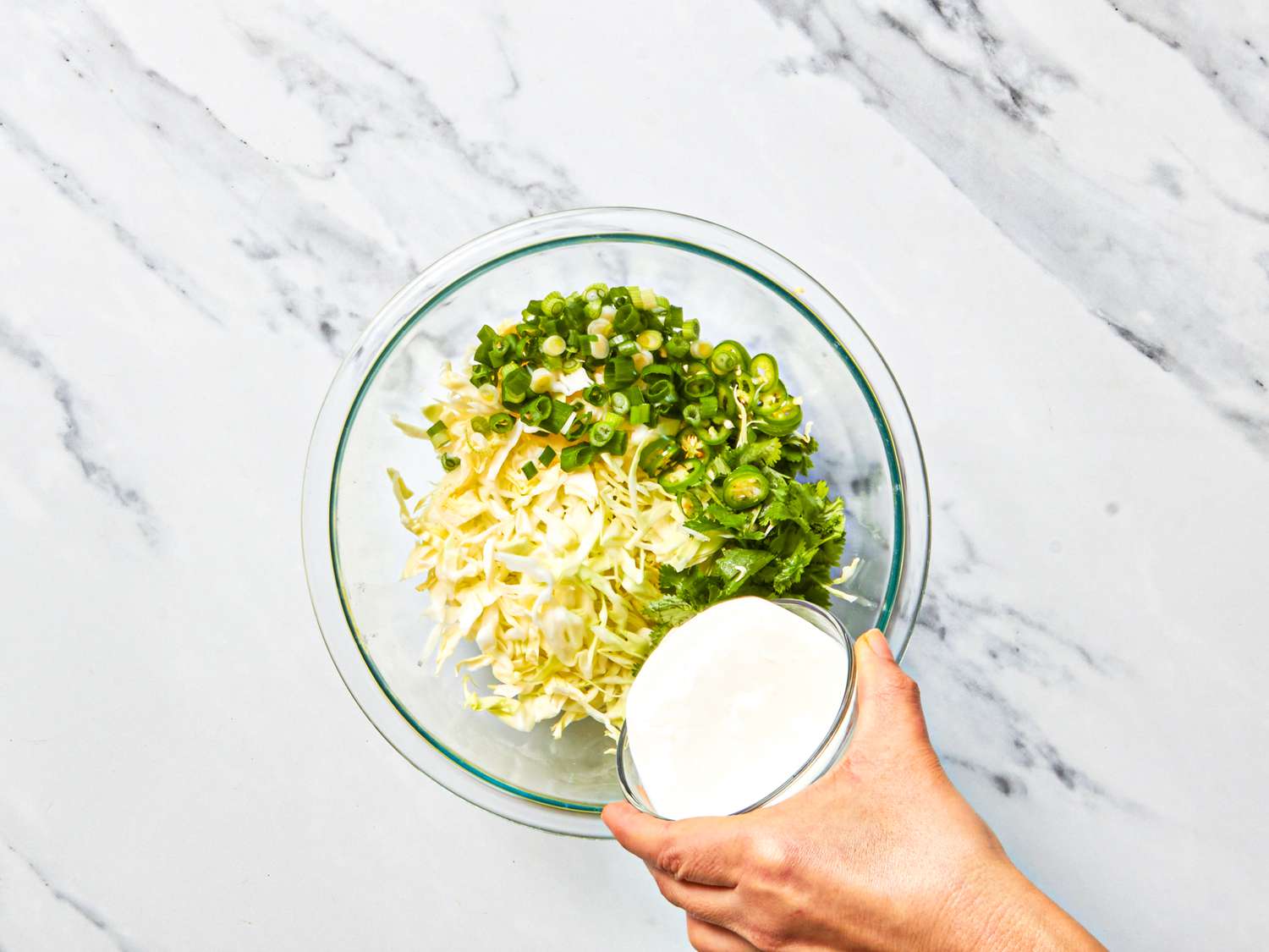 Overhead view of adding to slaw mixture