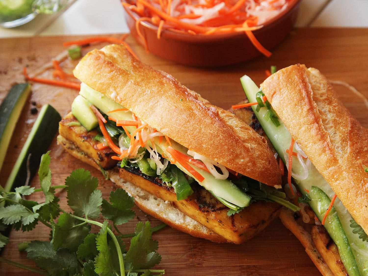 Grilled Lemongrass and Coriander-Marinated Tofu Vietnamese Sandwiches (Vegan Banh Mi)
