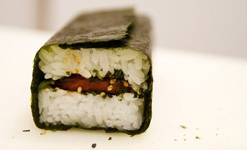 Spam musubi on a white surface