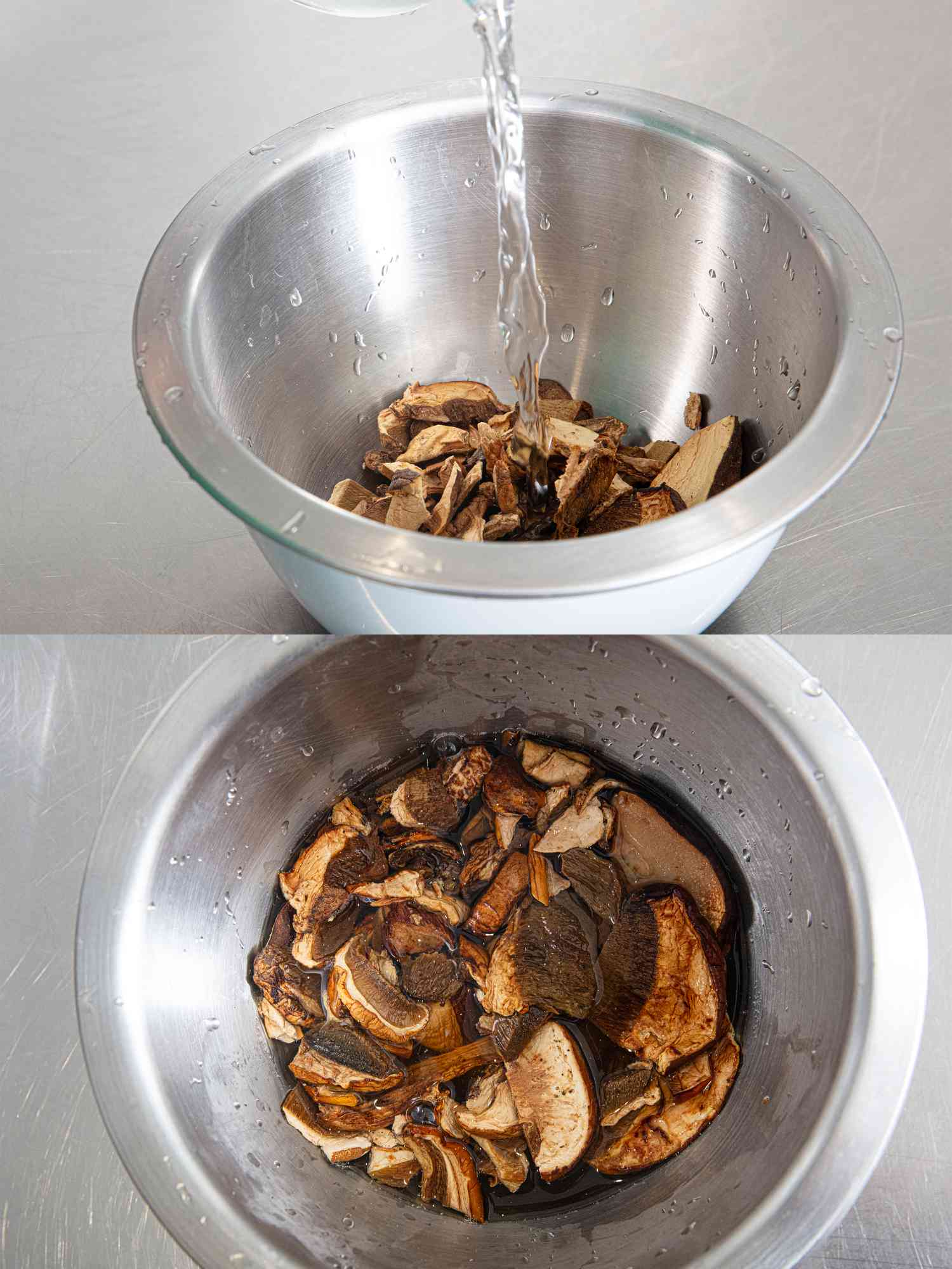 Two image collage of rehydrating mushrooms