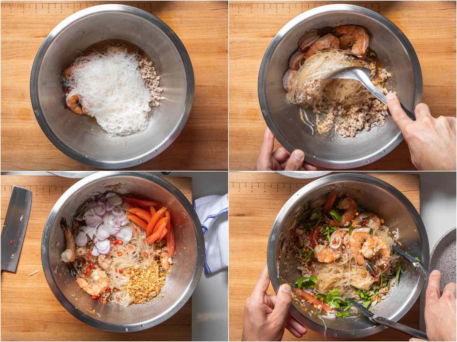 Mixing noodles with dressing and other ingredients for yam woon sen.