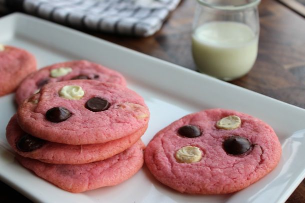 strawberry chocolate chip cookies and a glass of milk