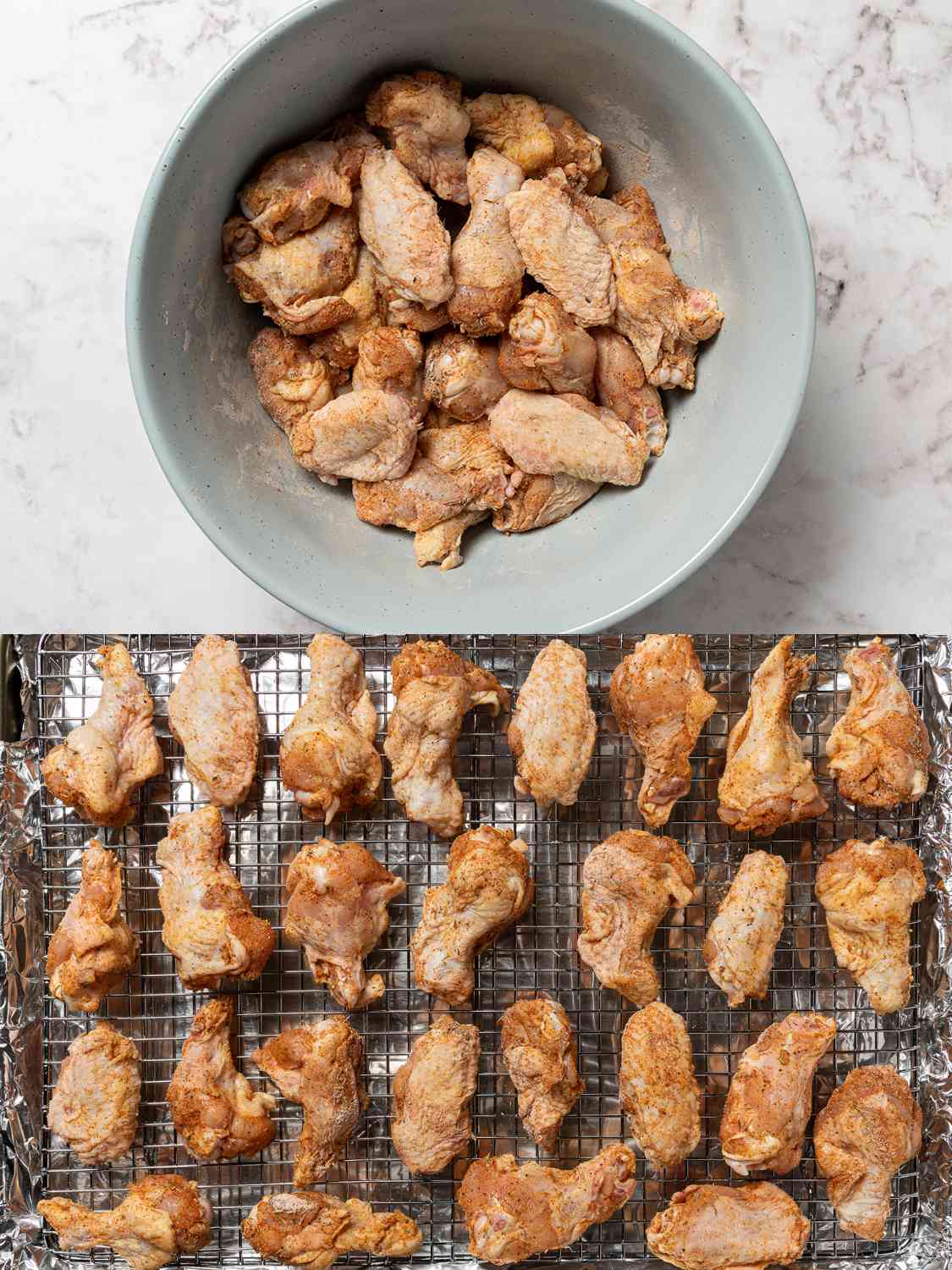 A two-image collage. The top image shows the spice-coated raw chicken wings in a large ceramic bowl. The bottom image shows the chicken wings placed on a wire rack set inside of a sheet pan lined with foil. The chicken pieces are spaced so that they're not touching, which helps them brown.
