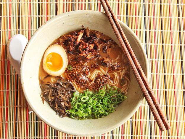 Overhead view of miso ramen with crispy pork and burnt garlic-sesame oil.