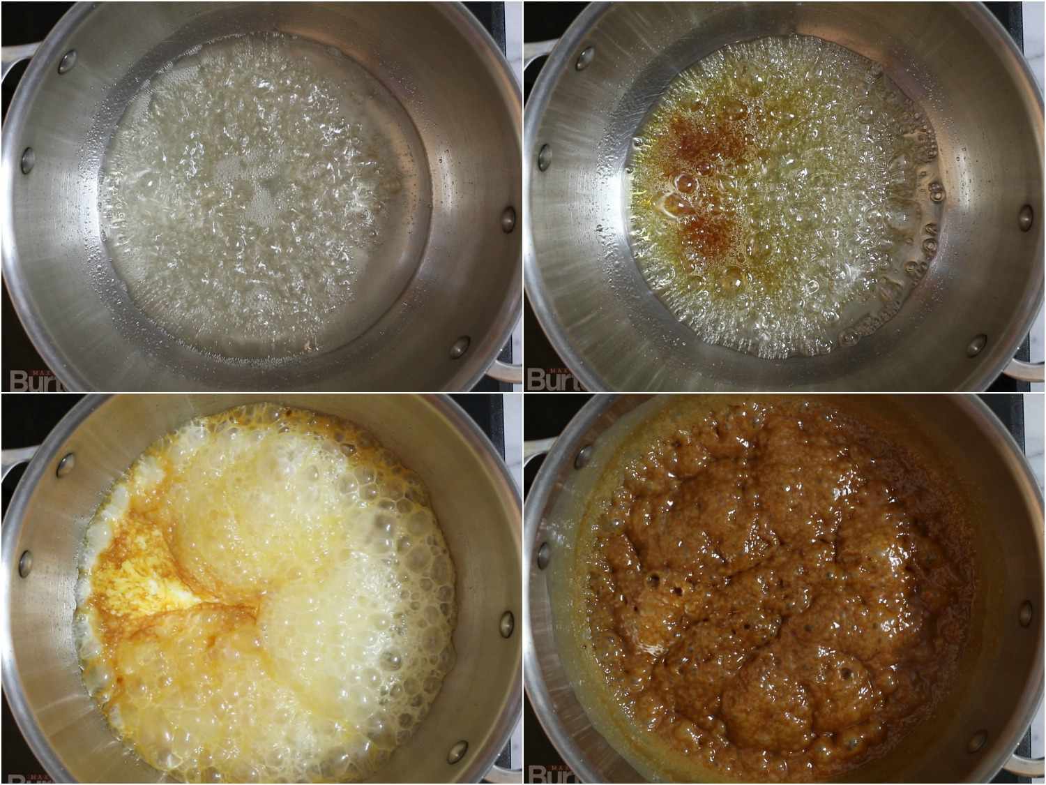 Collage of sugar and water bubbling and foaming in a pot to make caramel sauce