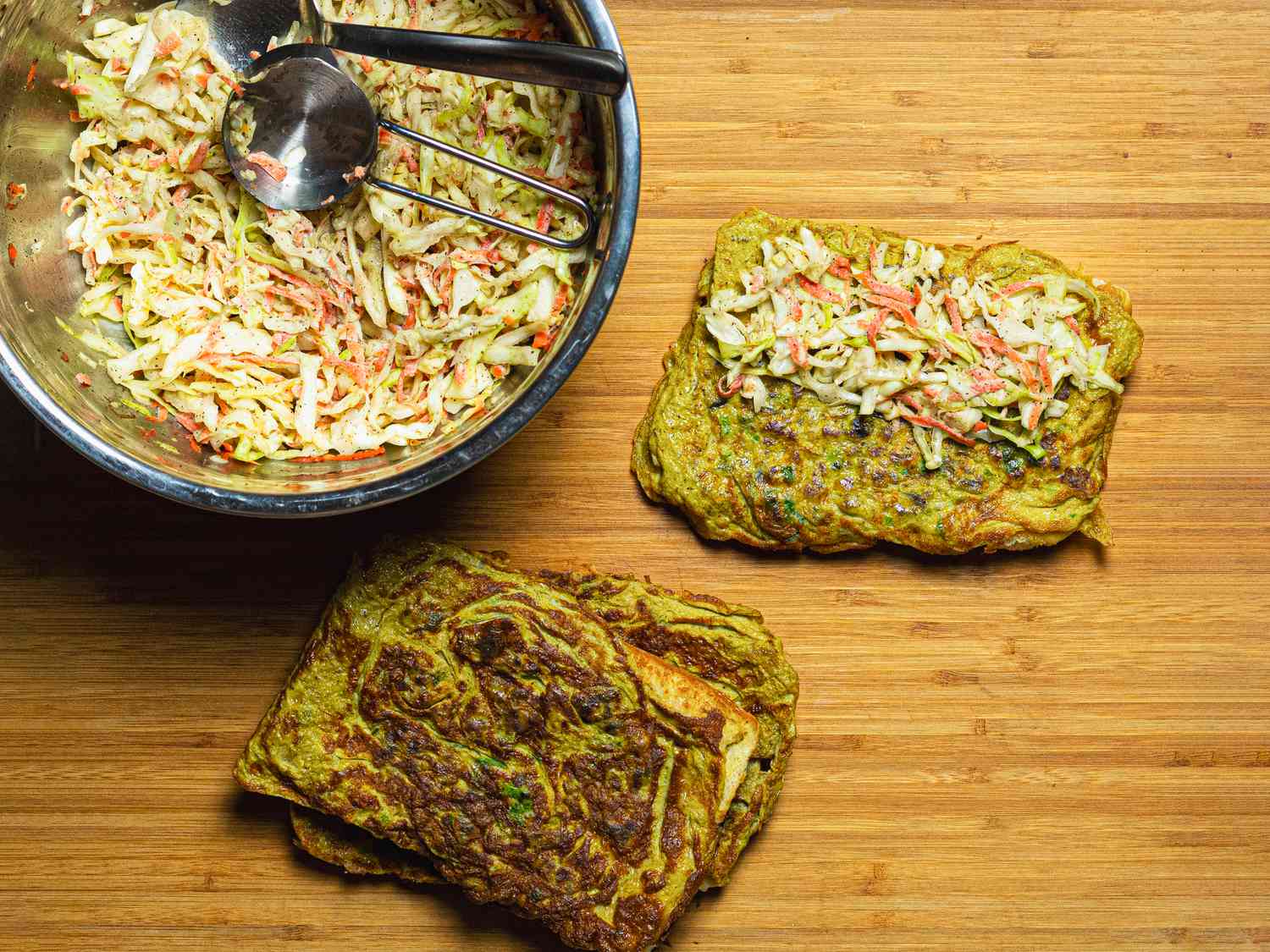 Overhead view topping with colesaw mixture 