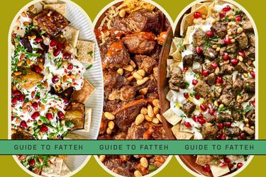 Three varieties of Fatteh dishes each plated with distinctive toppings and garnishes displayed side by side