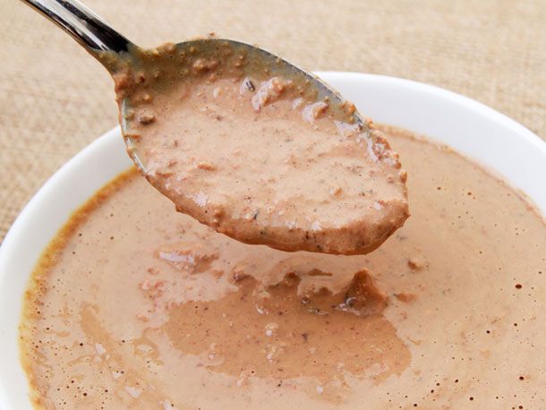 Close-up of the puréed mixture of liver and stock. 