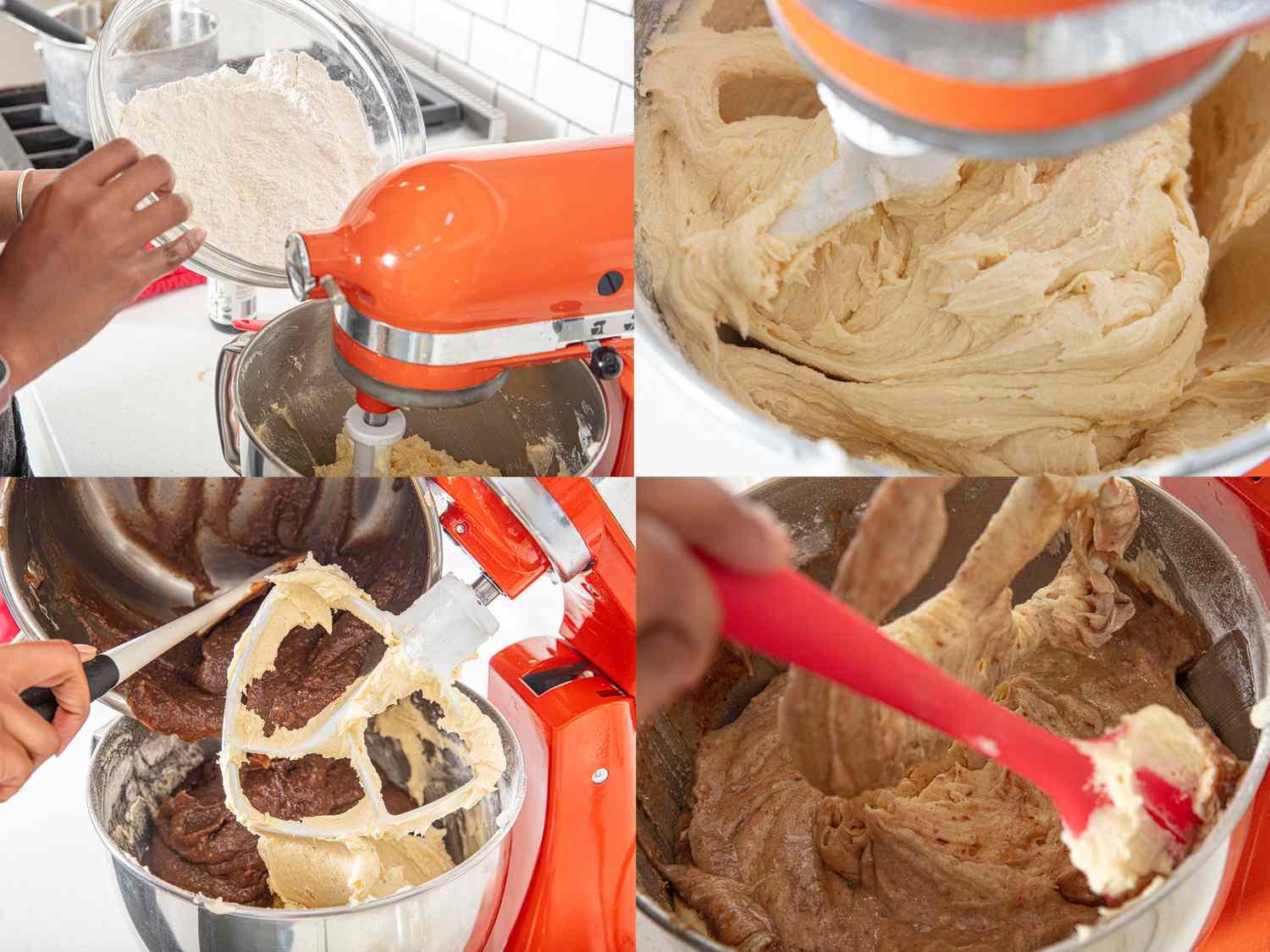 Four image collage of adding flour and date mixture to cake stand bowl