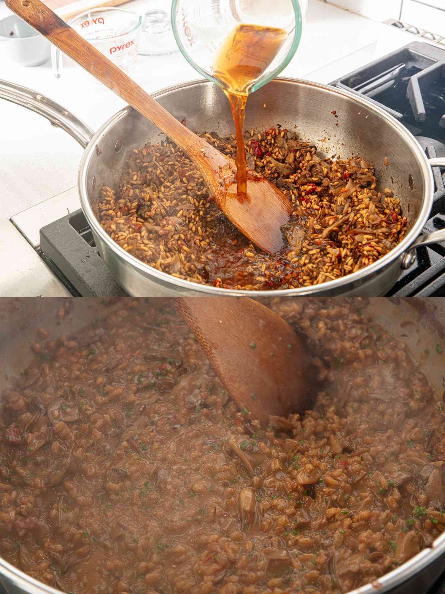 Two image collage of adding stock to farratto