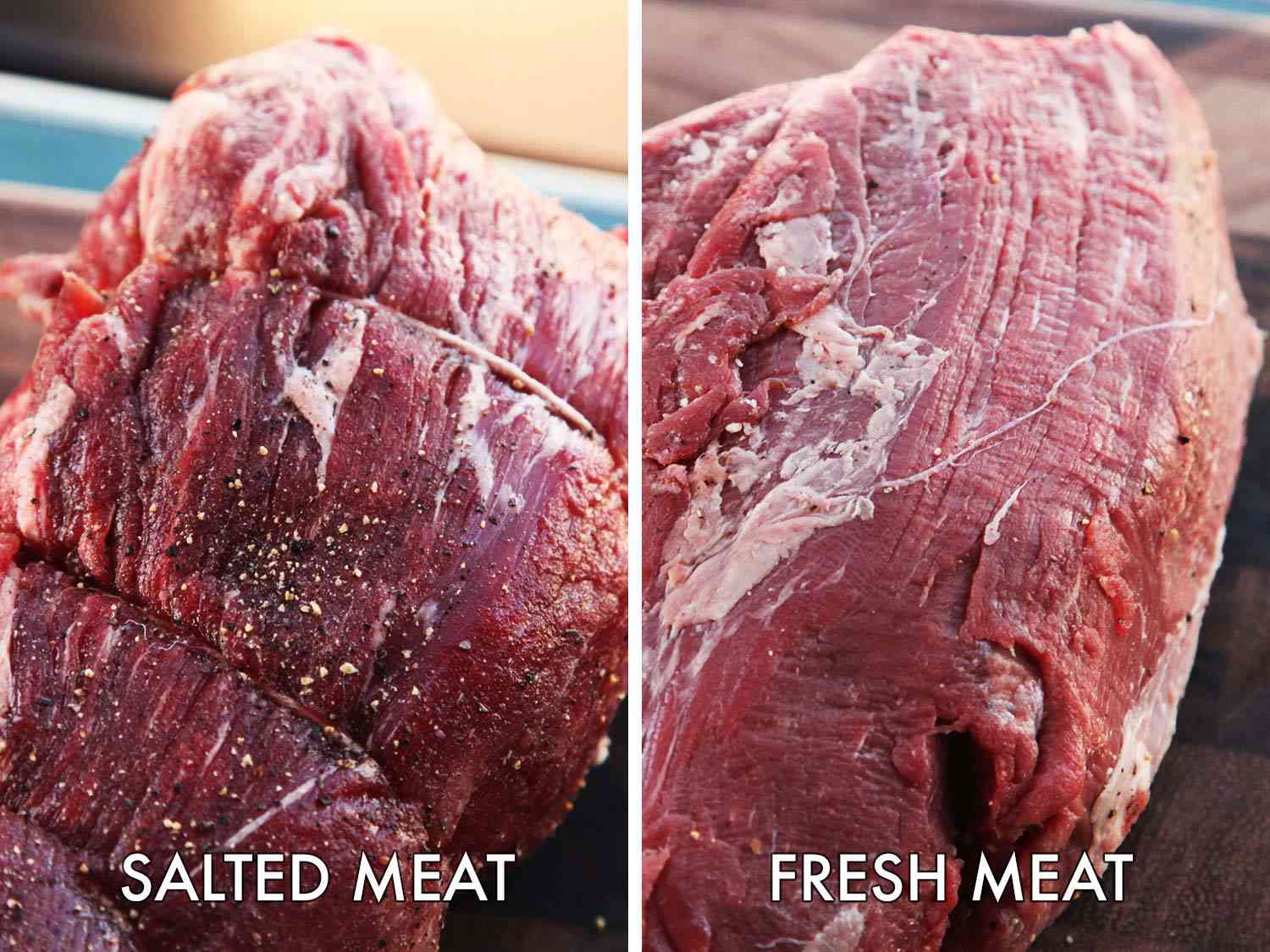 Collage comparing salted meat with fresh, unsalted meat