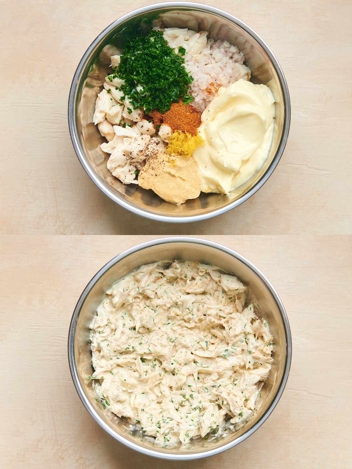 A two-image collage. The top image shows crabmeat, mayonnaise, Dijon, lemon juice and zest, parsley, Old Bay, and shallot inside of a mixing bowl. The bottom image shows all of the ingredients evenly incorporated inside of the bowl and seasoned with salt and pepper.