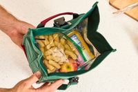 The inside of a green and red lunchbag, filled with an apple, a can of seltzer, and a bag of cheese puffs