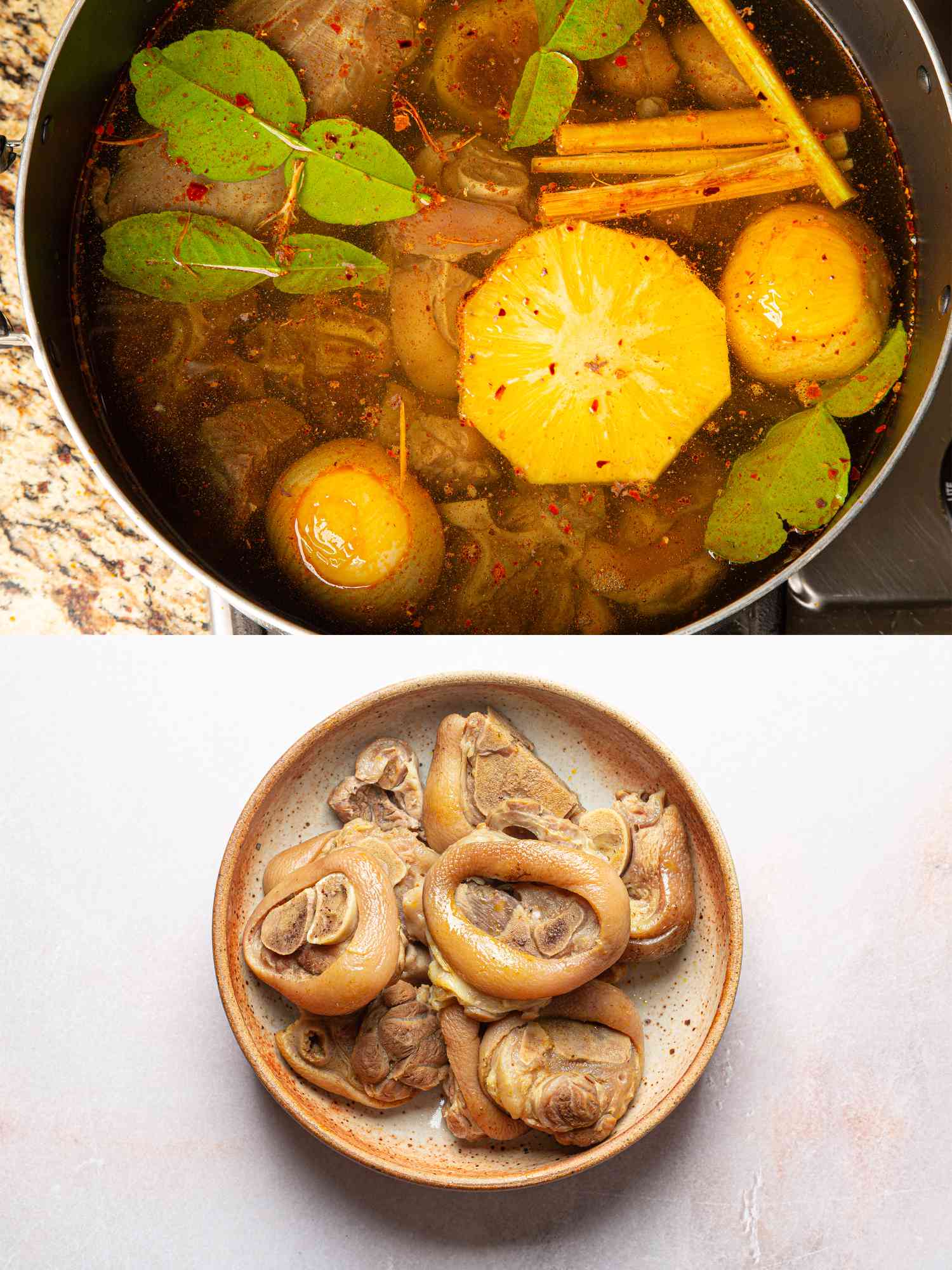 Two image collage of ingredients and meat in a pot and meat removed from pot and added to a bowl to cool. 
