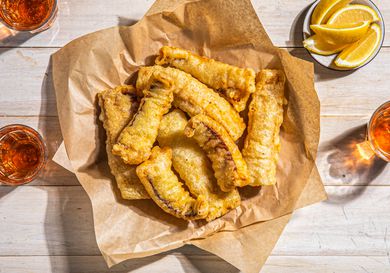 Overhead view of filetti di baccala