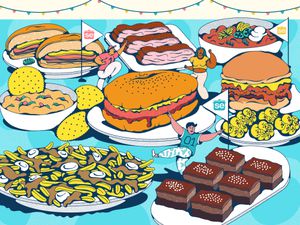 Illustrations of a table of game day snacks with little figures interacting
