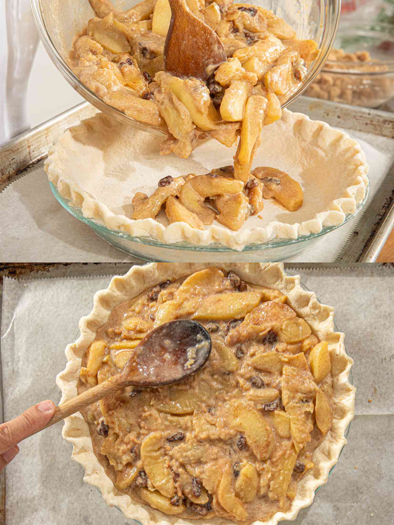 Two image collage of adding apple mixture to pie and patting down into pie crust