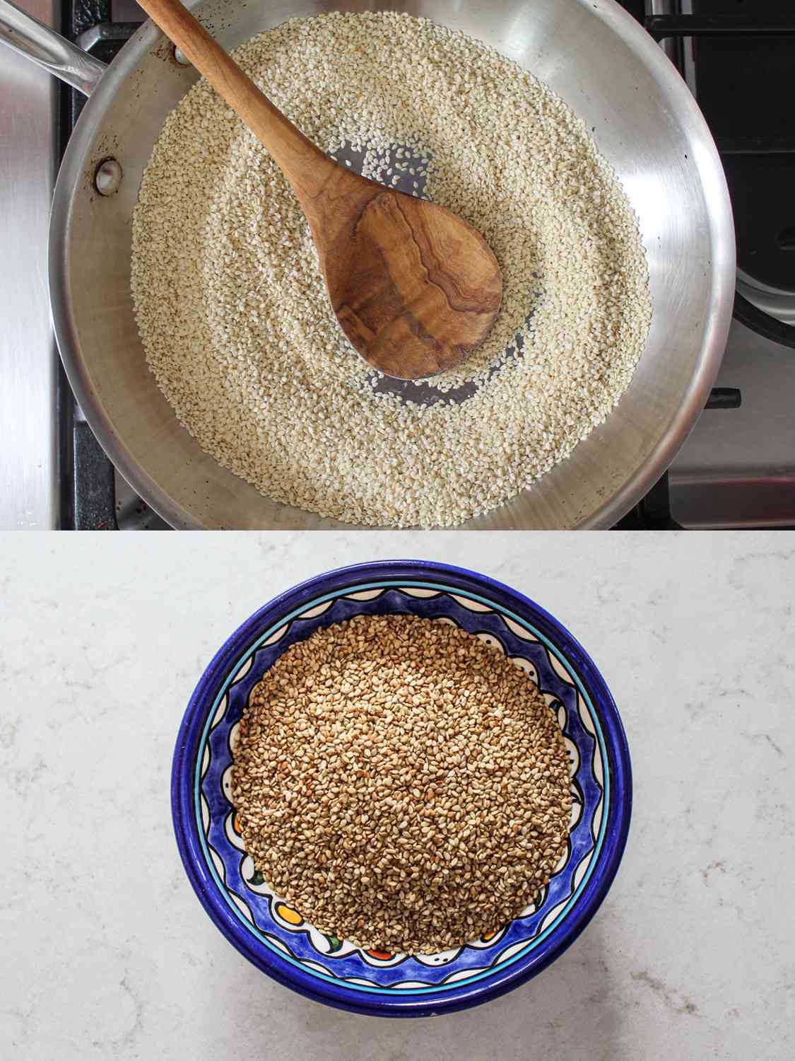 Two image collage. Top: Sesame seeds in a pan with a wooden spoon. Bottom: Toasted sesame seeds in a blue bowl. 