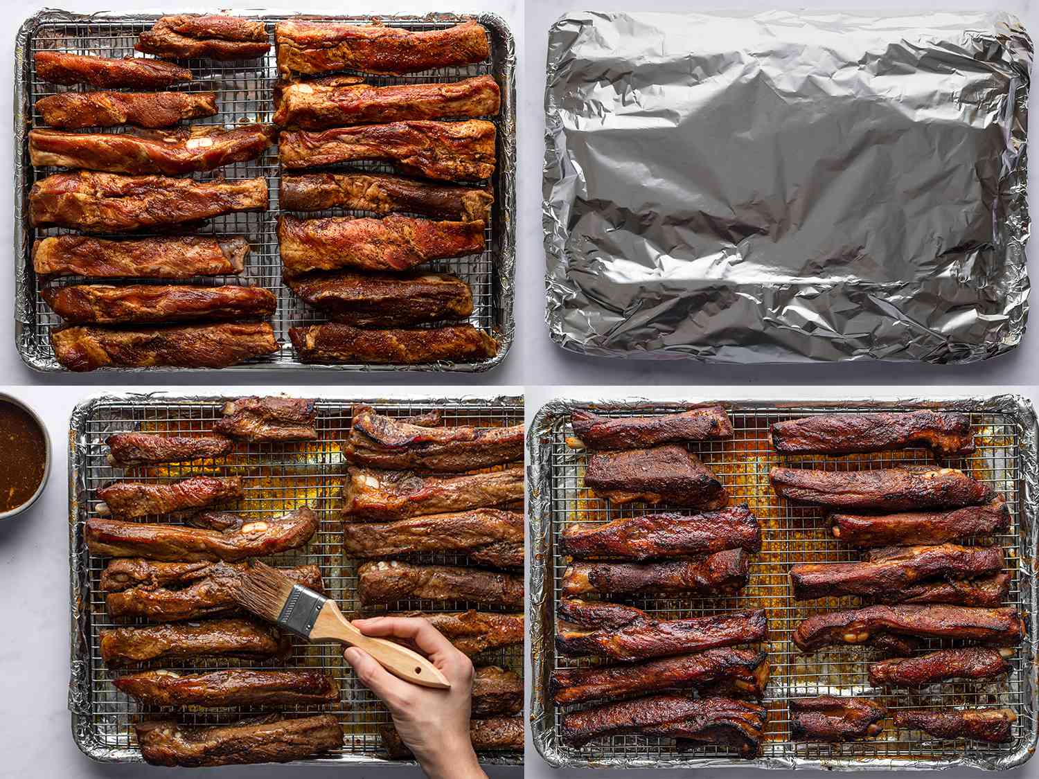 A collage showing the marinated ribs on a foil-lined sheet pan then being covered with foil, brushed with additional marinade after roasting, and then after roasting a final time.