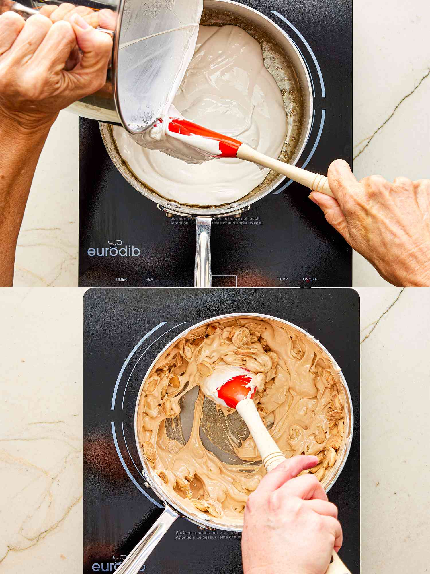 Two image collage of adding egg whites and almonds to mixture