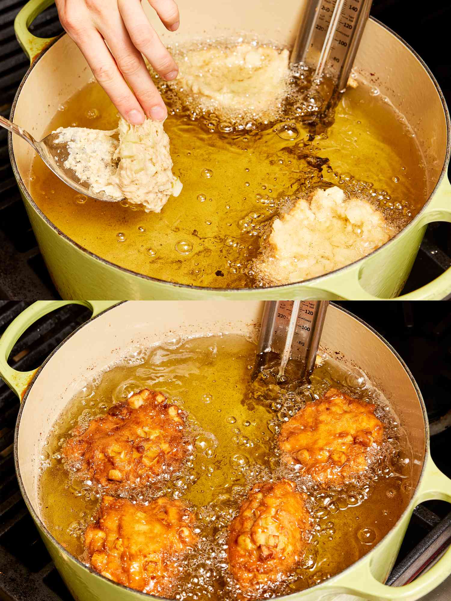 2 image collage. Top: dipping fritters into hot oil in dutch oven. Bottom: Fritters cooking and browned in hot oil 