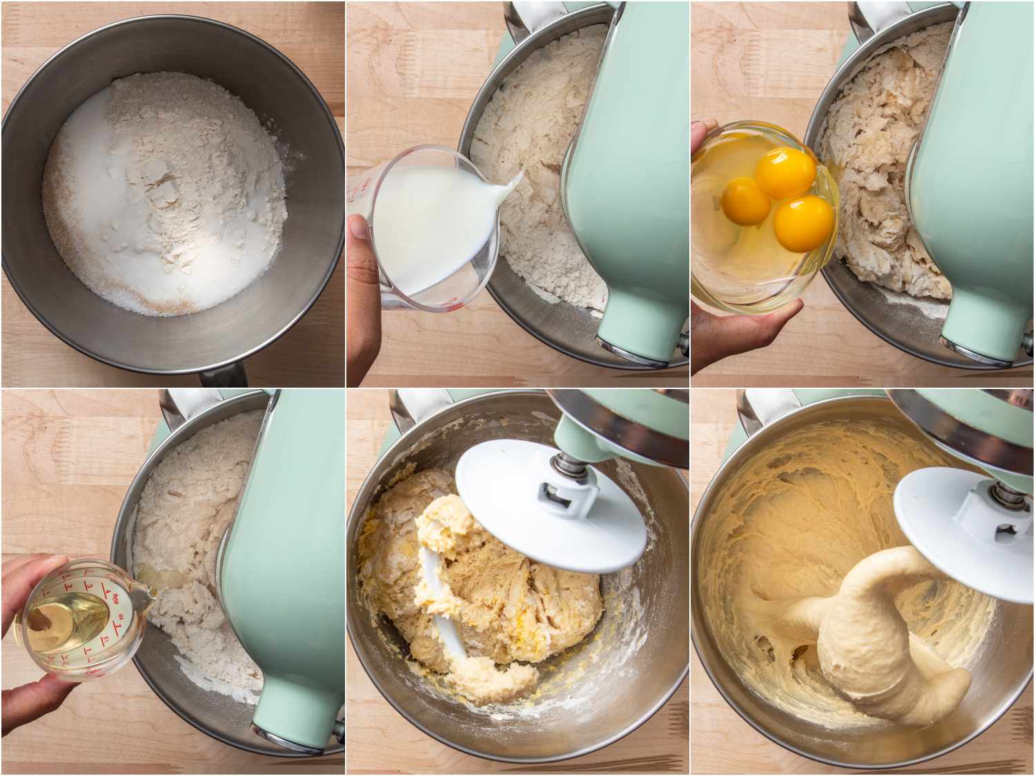 collage: stages of mixing the dough for pandesal in a stand mixer 