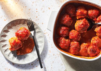 Overhead view of plated ham balls