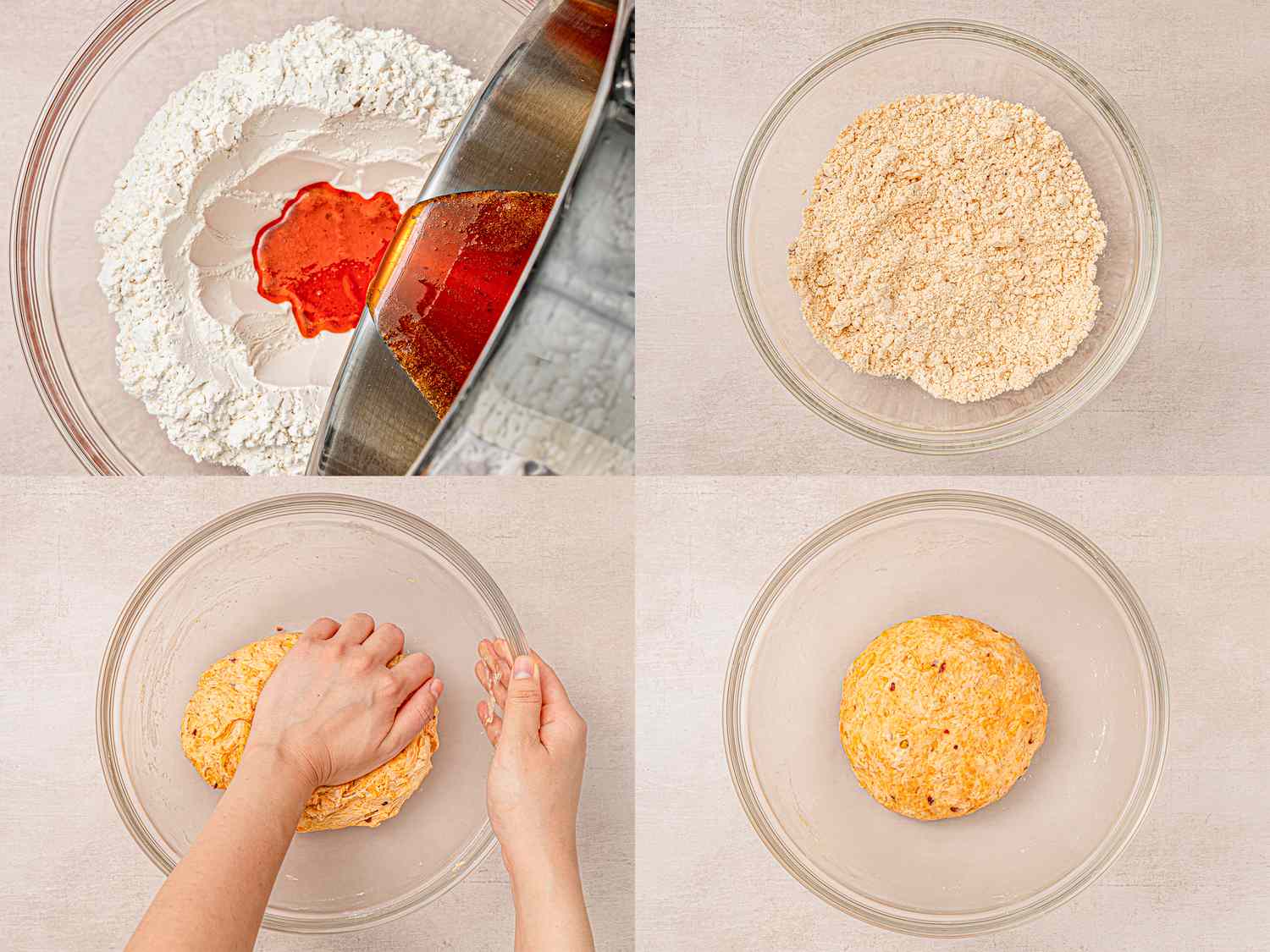 Overhead view of adding butter to flour and forming a dough 