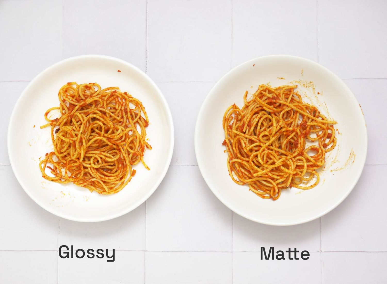 Two plates of spaghetti labeled Glossy and Matte showcasing a comparison of textures
