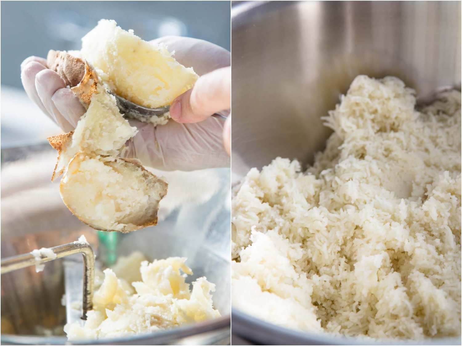 Collage of boiled potatoes being scooped and run through metal ricer
