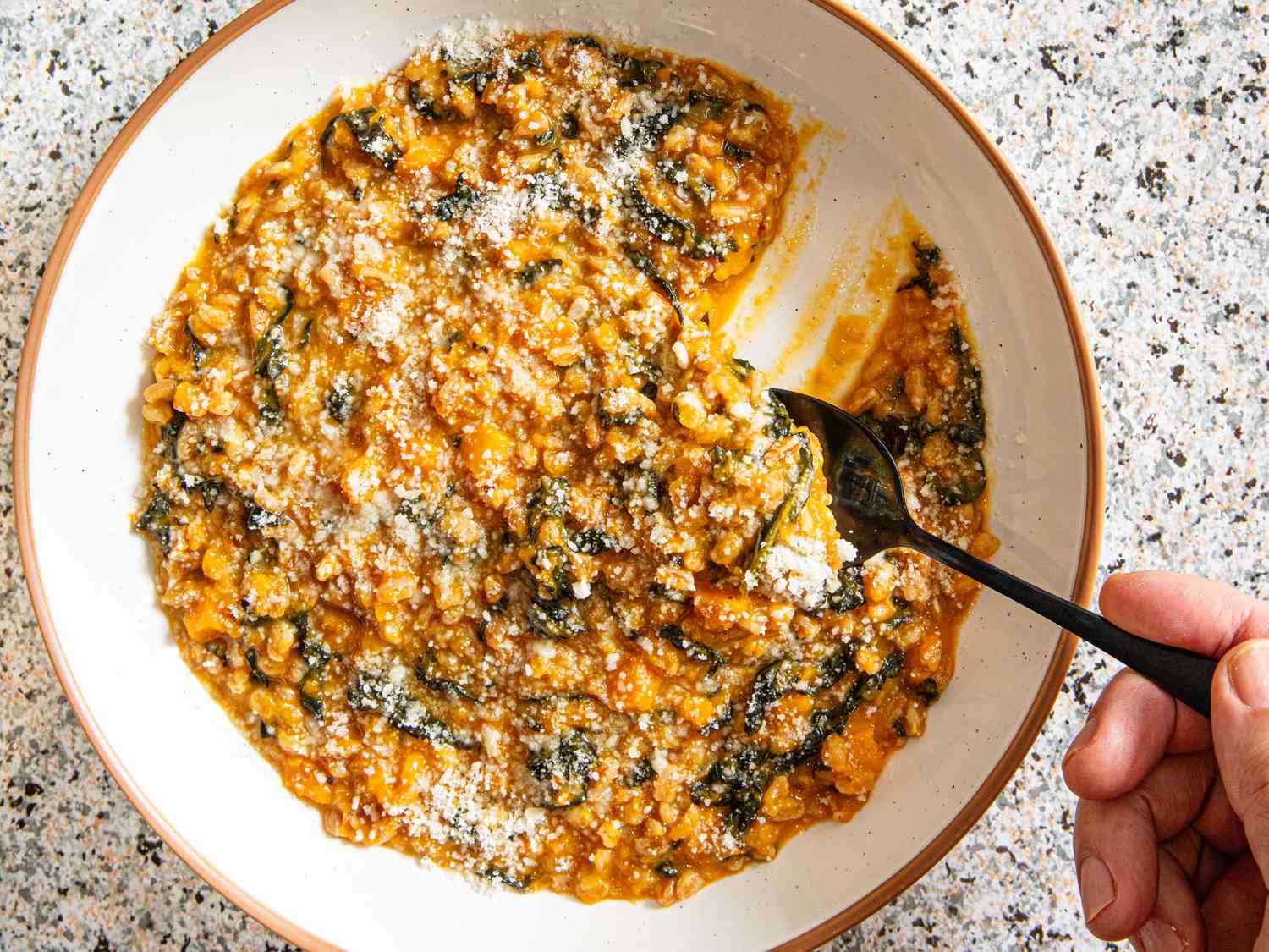 Overhead view of butternut squash farrotto