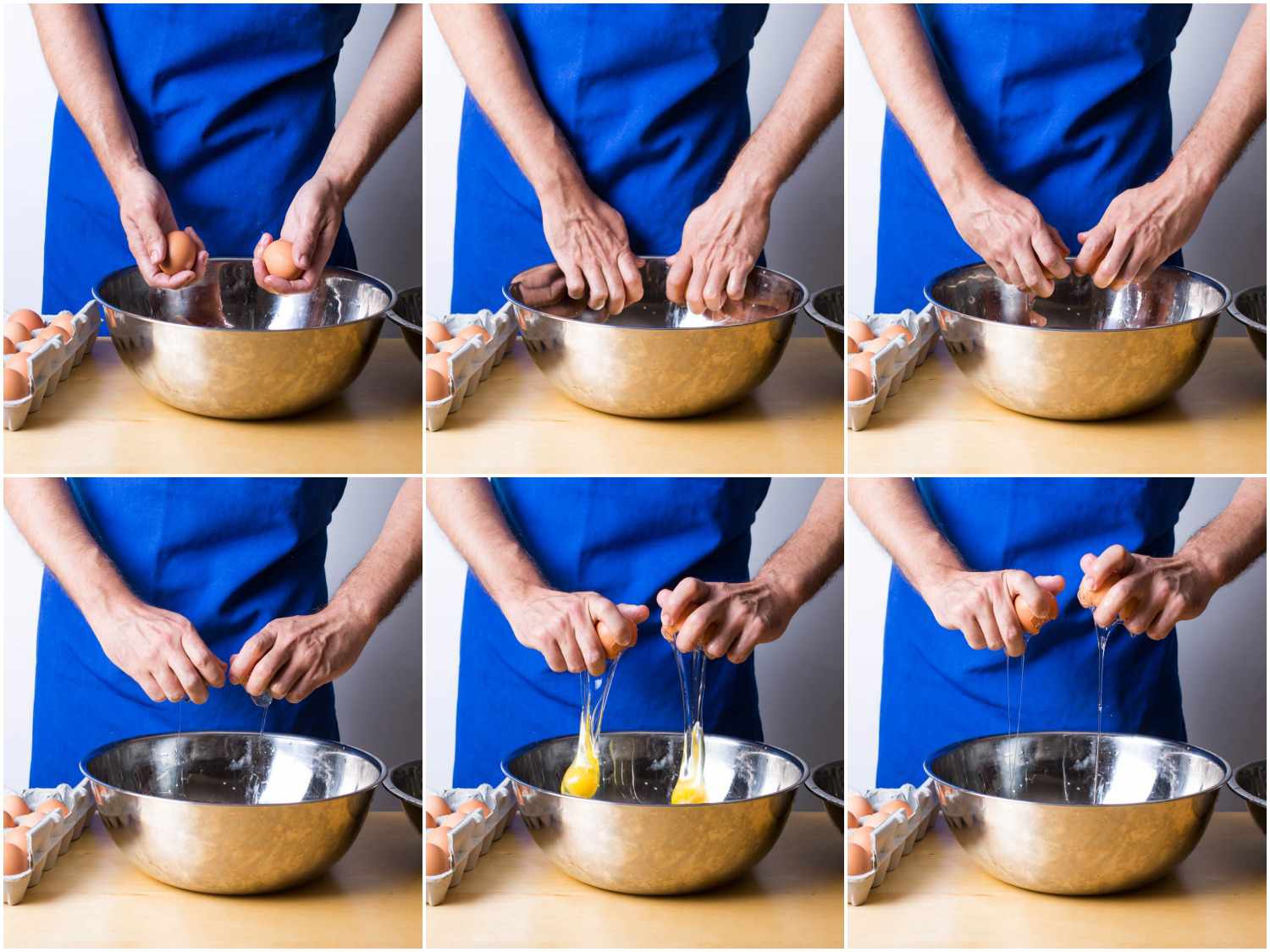 A six-image collage showing two eggs being simultaneously cracked into a metal bowl, with one egg in each hand.