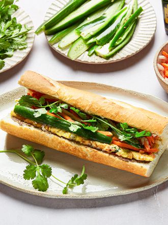 Side view of egg and pate banh mi