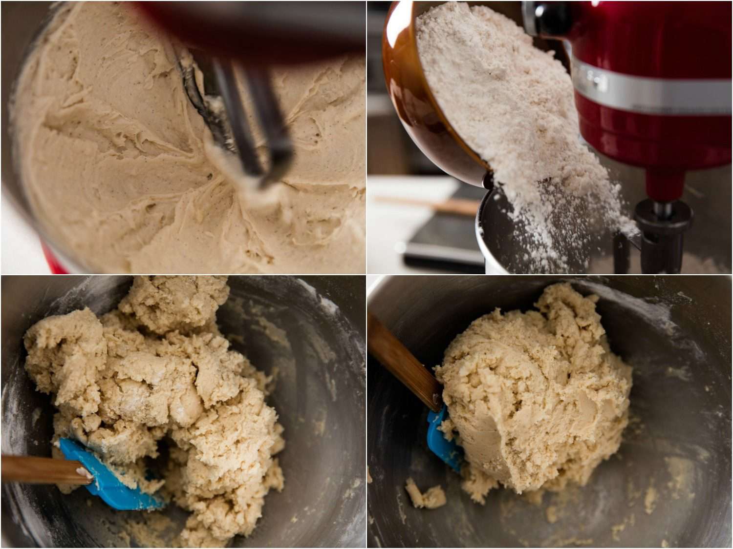 Adding flour to a cookie dough, and mixing to form a smooth ball.