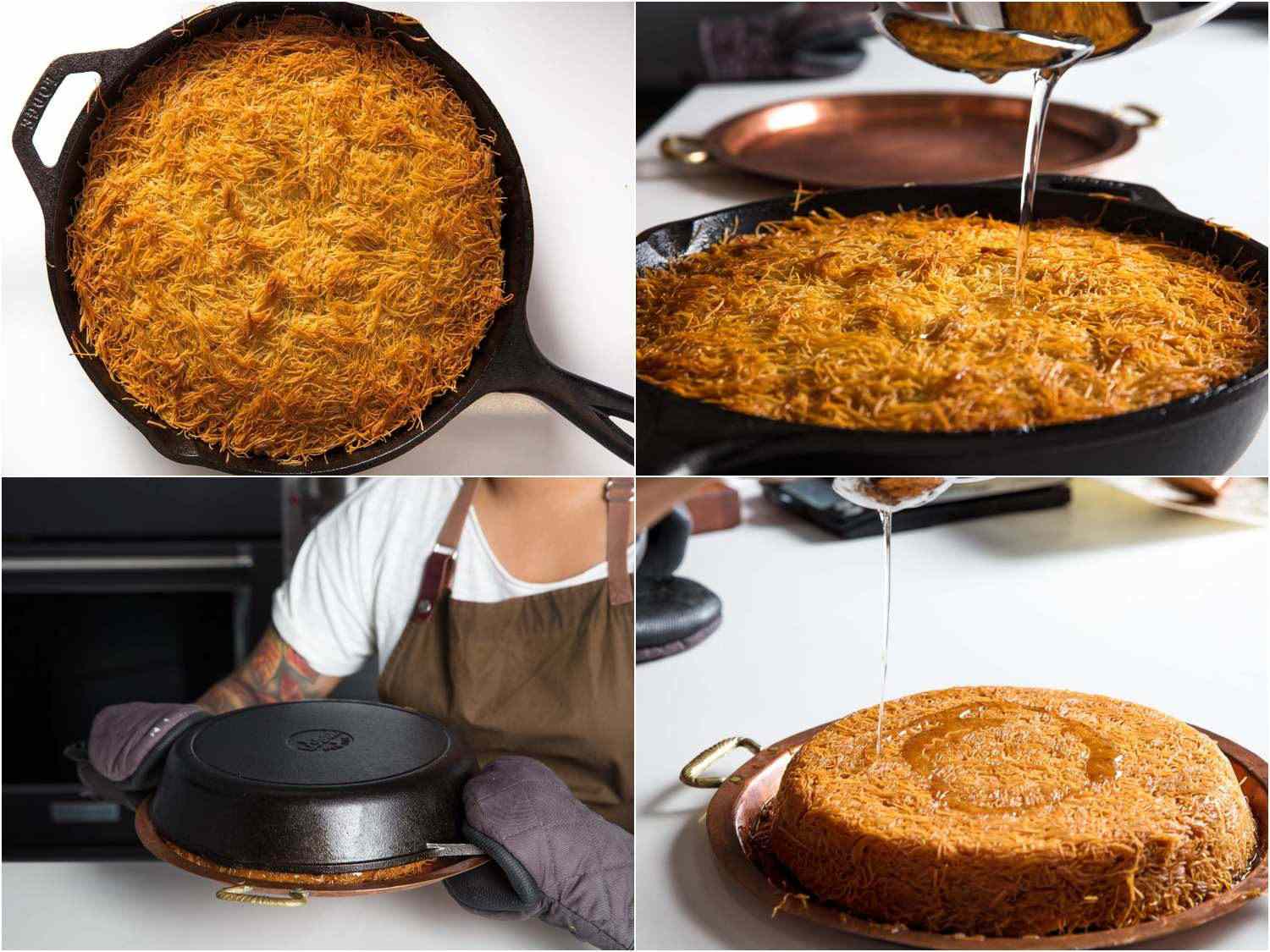 baked kanafeh inverted onto dish and drizzled with syrup