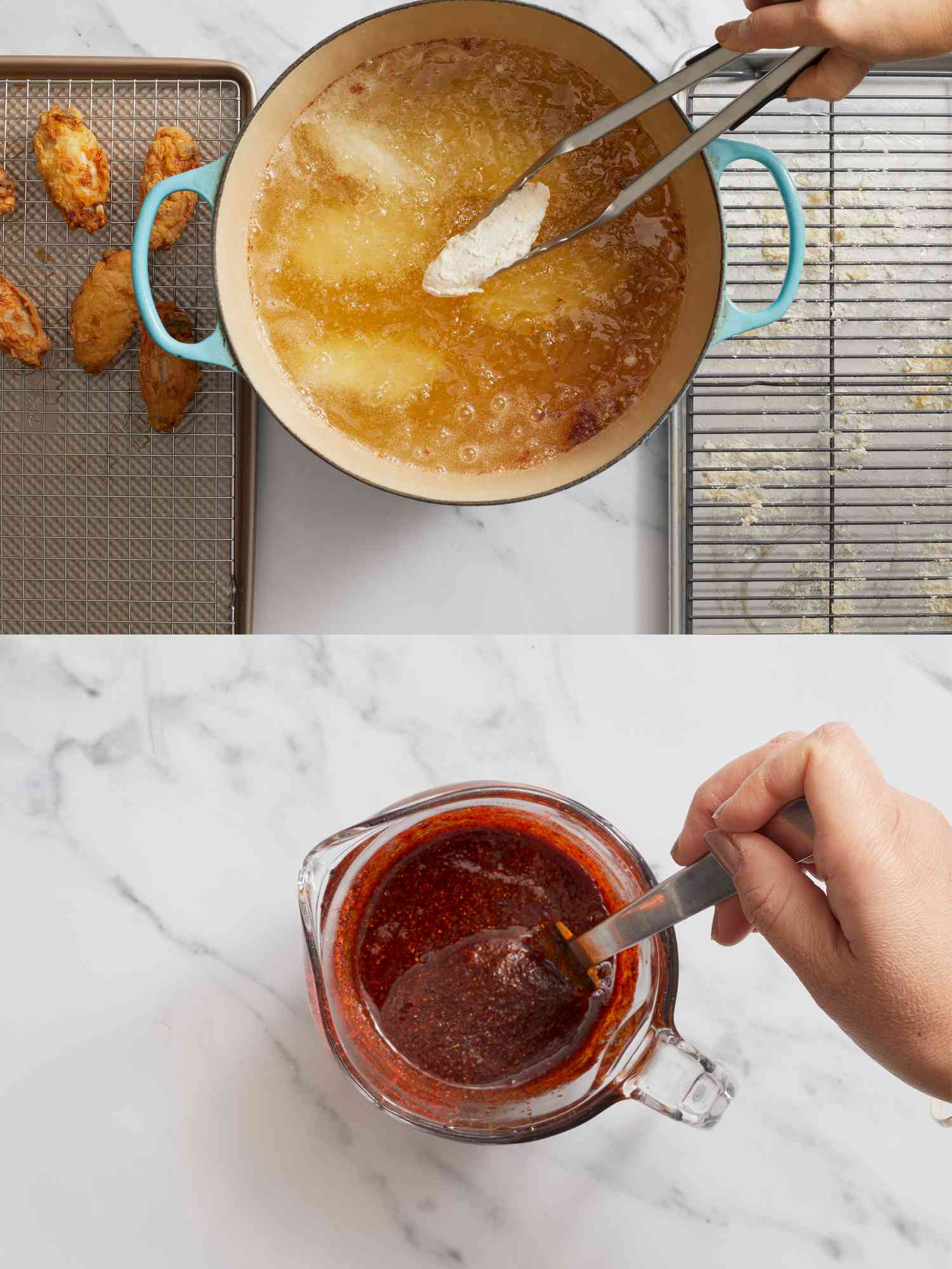2 image collage. Top: dipping dredged wings in heated oil in a dutch oven. Bottom: spices mixed with oil in a measuring cup 