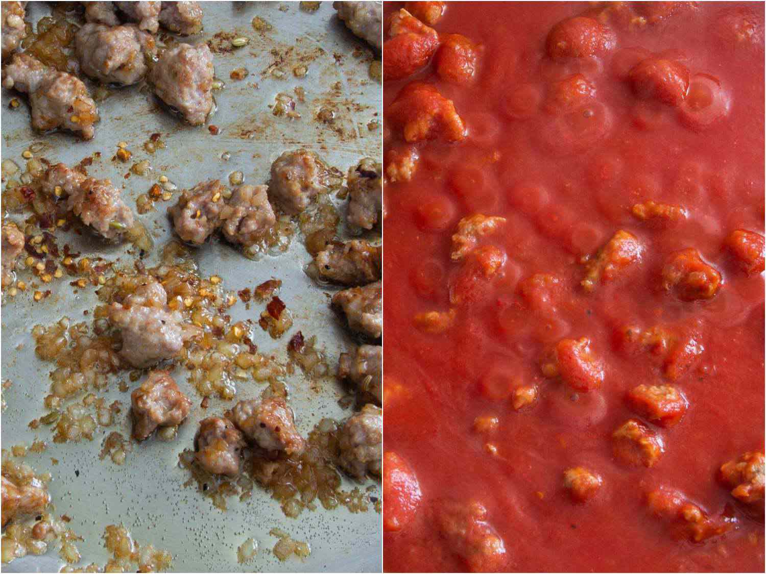 A split image. The left shows sausage and onions cooking in a pan. The right shows a tomato sauce added to the sausage mixture.
